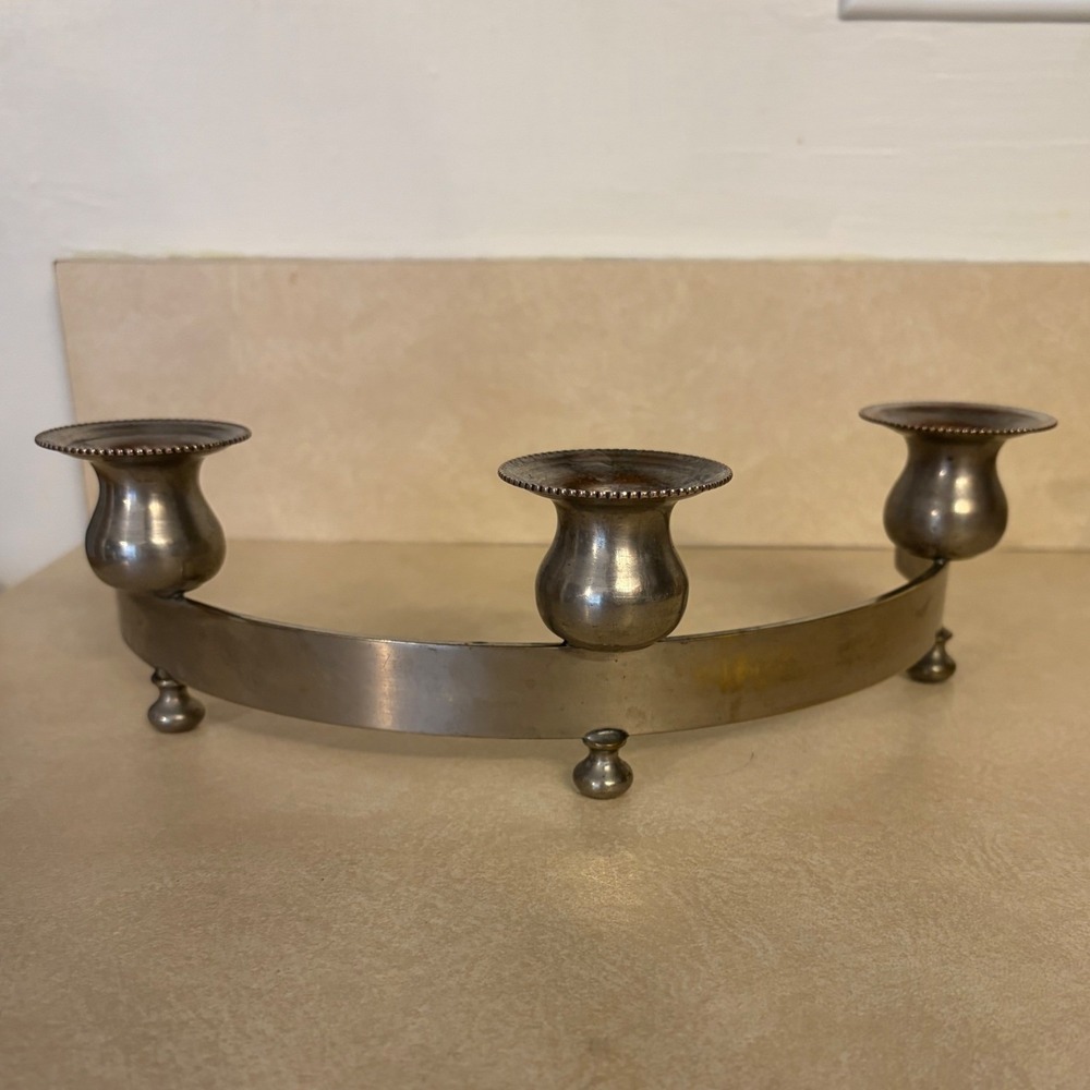 Vintage Silver Plated 3 Light Curved Candelabra Arc Candle Holder Beaded Rim